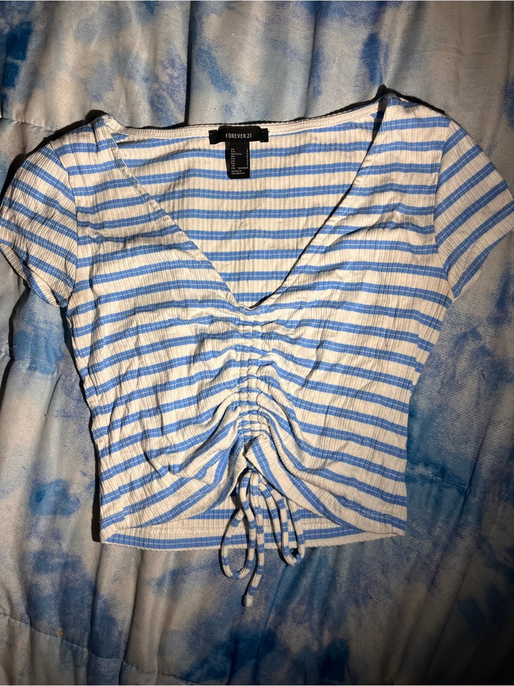 Forever 21 White and Blue Striped Ruched V-Neck Crop Top